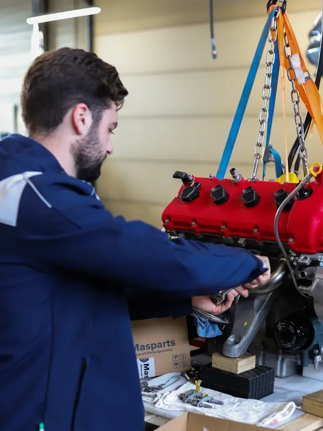 Monteur aan het werk bij een Maserati-motorblok dat aan de takel hangt